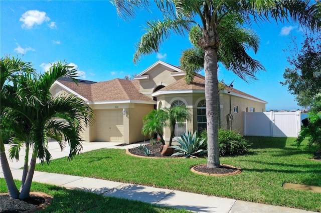 mediterranean / spanish-style home with a garage and a front yard