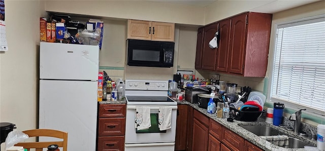 kitchen with light stone counters, white appliances, sink, and a wealth of natural light