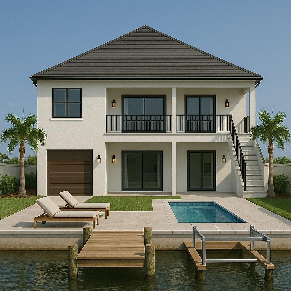 back of property featuring a water view, a patio area, stairway, a balcony, and stucco siding