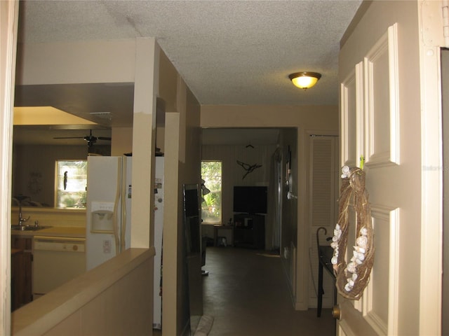 hallway with a healthy amount of sunlight, sink, and a textured ceiling