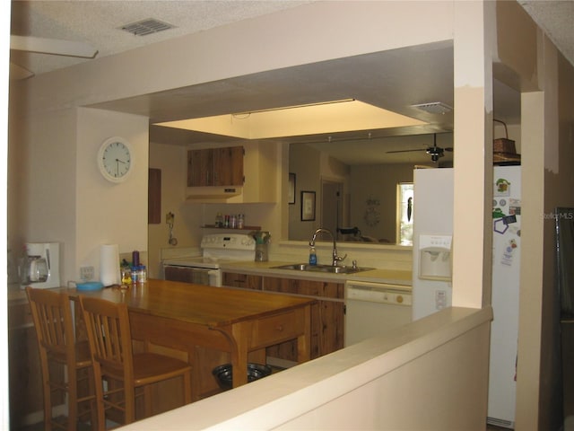 kitchen featuring sink, white appliances, and kitchen peninsula