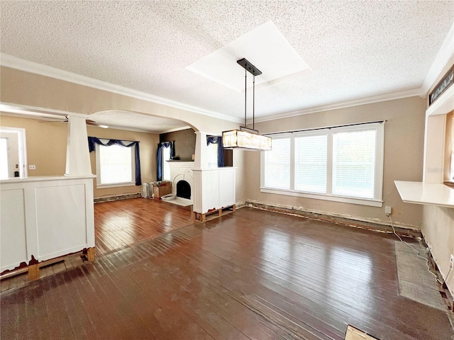 14124 Plum Ln, Hudson, FL 34667 - unfurnished living room featuring a textured ceiling, dark wood-style flooring, plenty of natural light, ornamental molding, and a fireplace