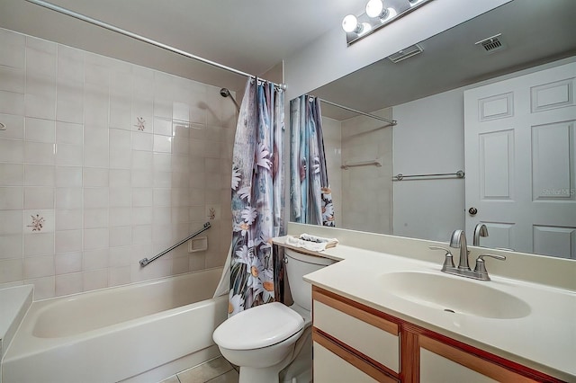 full bathroom with vanity, shower / bath combo with shower curtain, and toilet