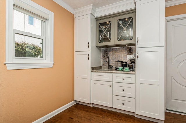 bar featuring dark wood-style flooring, crown molding, tasteful backsplash, a sink, and baseboards