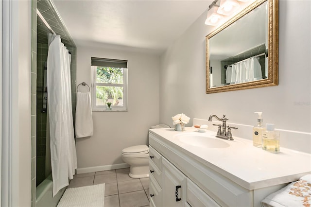 bathroom with tile patterned flooring, a shower with shower curtain, vanity, and toilet