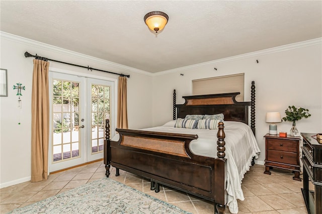 bedroom featuring access to outside, baseboards, crown molding, and french doors