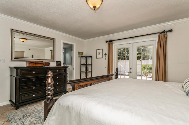 tiled bedroom with a textured ceiling, baseboards, access to outside, french doors, and crown molding