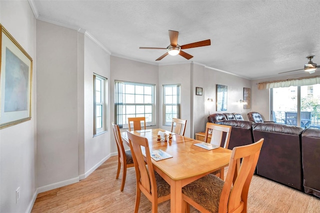 dining area featuring light wood finished floors, ceiling fan, a textured ceiling, and crown molding