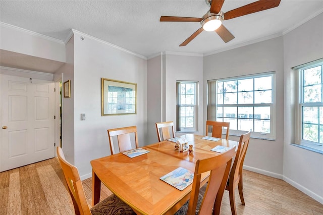 dining area featuring baseboards, ceiling fan, a textured ceiling, crown molding, and light wood-type flooring