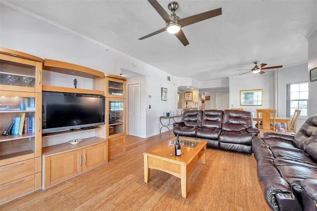 living area with light wood-style floors, ornamental molding, and a textured ceiling