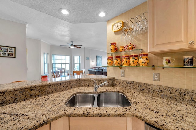 kitchen with light stone counters, decorative backsplash, light brown cabinetry, a sink, and a textured ceiling