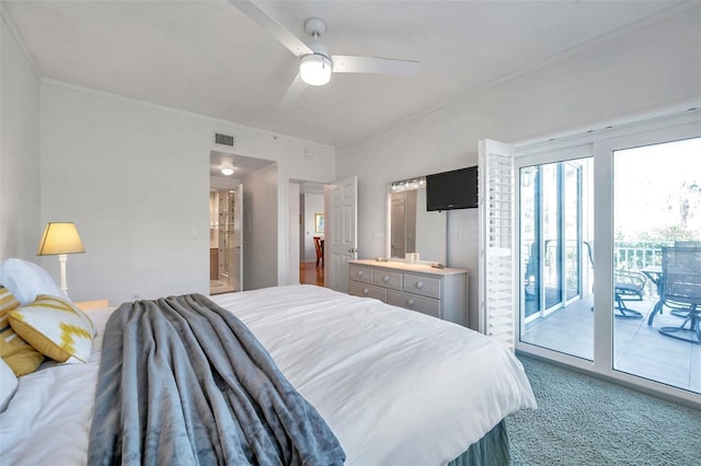 carpeted bedroom with a ceiling fan, access to outside, visible vents, and ensuite bathroom