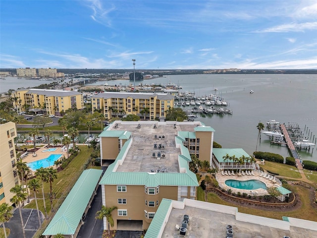 bird's eye view featuring a water view