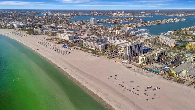 drone / aerial view with a view of the beach and a water view