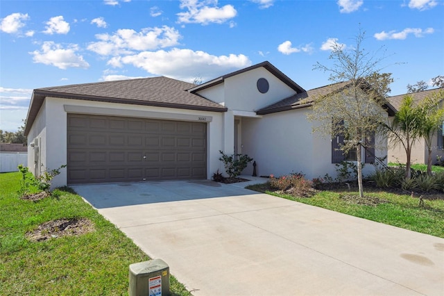 single story home with a front yard, roof with shingles, driveway, stucco siding, and a garage