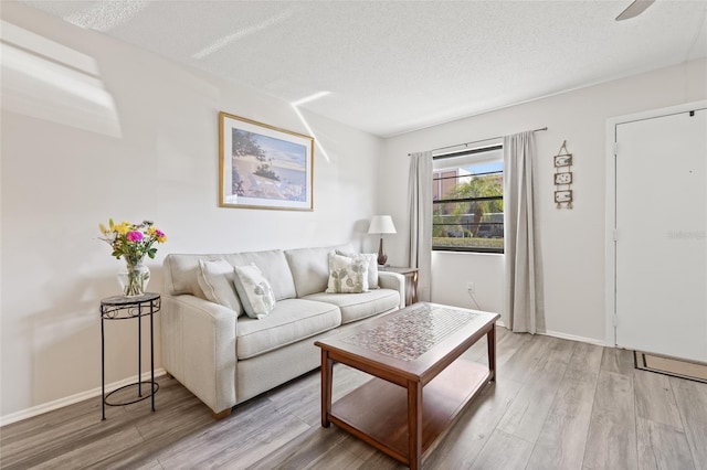 living room featuring light hardwood / wood-style floors and a textured ceiling