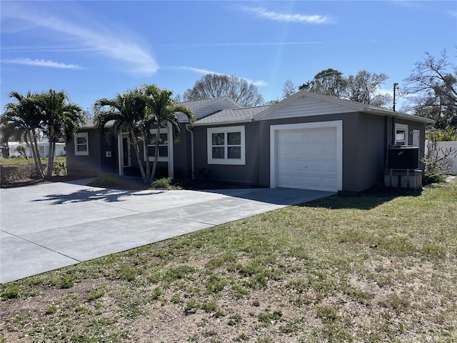 ranch-style home with a front lawn, concrete driveway, an attached garage, and stucco siding