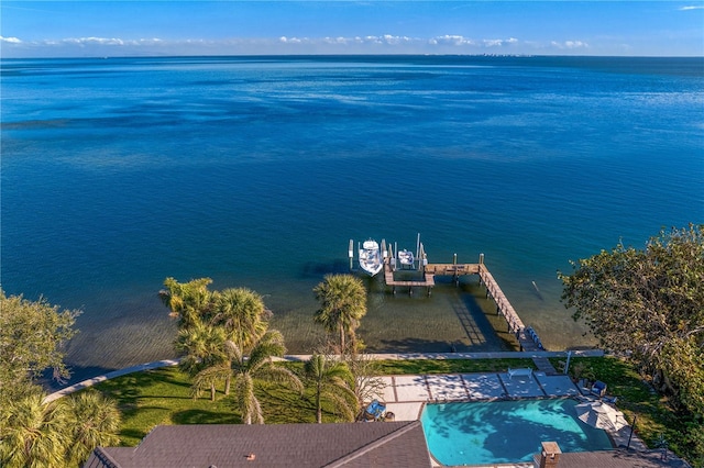 birds eye view of property featuring a water view