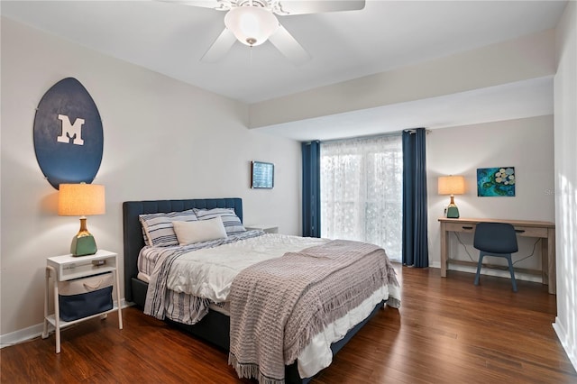 bedroom featuring dark wood-type flooring and ceiling fan