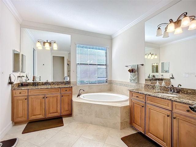 bathroom featuring ornamental molding, tile patterned flooring, vanity, and tiled tub