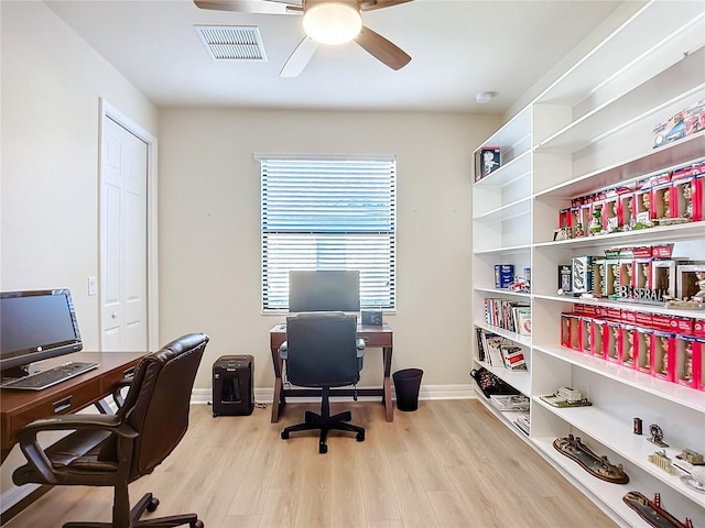 home office with ceiling fan and light hardwood / wood-style floors