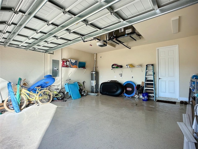 garage with a garage door opener, electric panel, and water heater