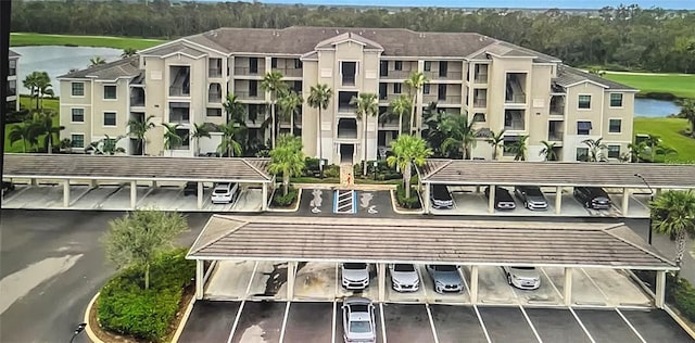 view of building exterior featuring a water view