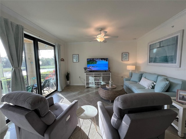 tiled living room featuring ornamental molding and ceiling fan