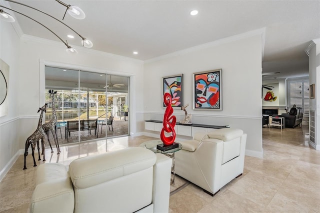 living room with ornamental molding