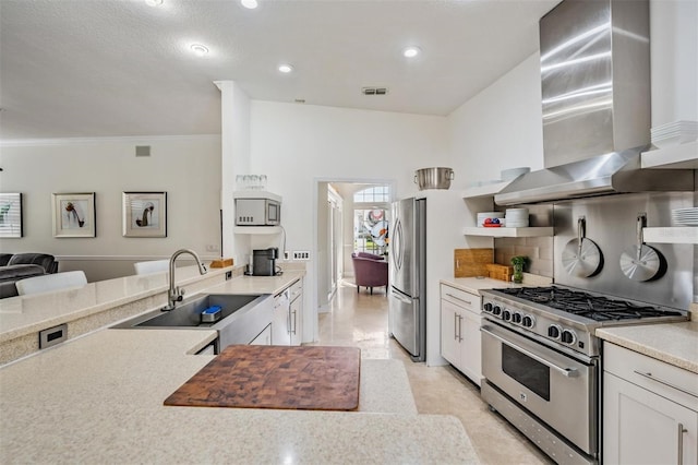 kitchen with white cabinetry, sink, range hood, and appliances with stainless steel finishes