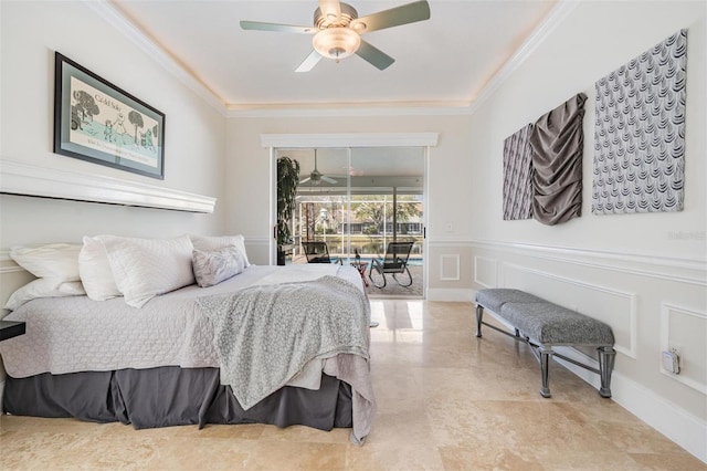 bedroom featuring crown molding, access to outside, and ceiling fan