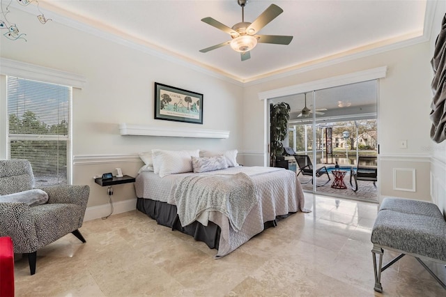 bedroom with multiple windows, access to exterior, crown molding, and ceiling fan