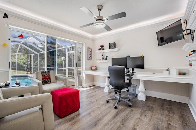 office space with hardwood / wood-style floors and ceiling fan