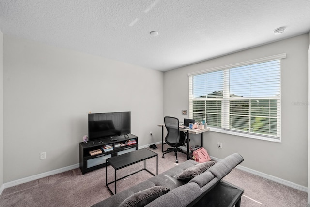 home office featuring light carpet and a textured ceiling