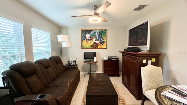 10854 Sage Canyon Dr, Riverview, FL 33578 - living area featuring ceiling fan, light tile patterned flooring, visible vents, and baseboards