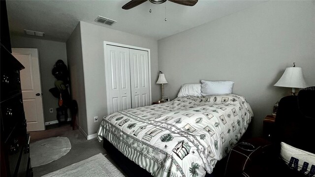 10854 Sage Canyon Dr, Riverview, FL 33578 - bedroom featuring a closet, visible vents, a ceiling fan, carpet flooring, and baseboards