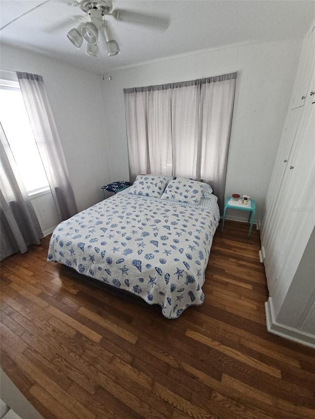 bedroom featuring ceiling fan and dark hardwood / wood-style flooring