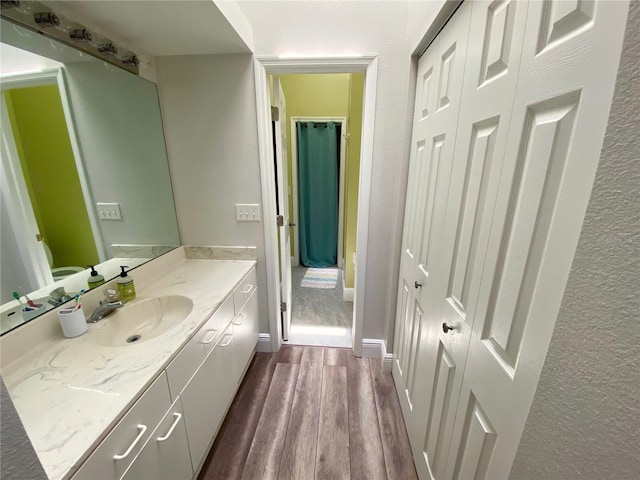 bathroom featuring vanity and wood-type flooring