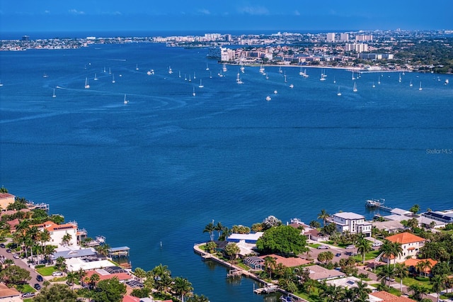 aerial view featuring a water view