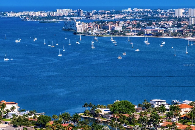 aerial view featuring a water view