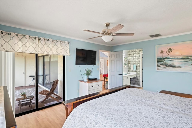 bedroom with access to outside, ornamental molding, ceiling fan, and light wood-type flooring