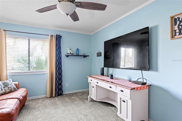 carpeted home office featuring ceiling fan, crown molding, and a textured ceiling