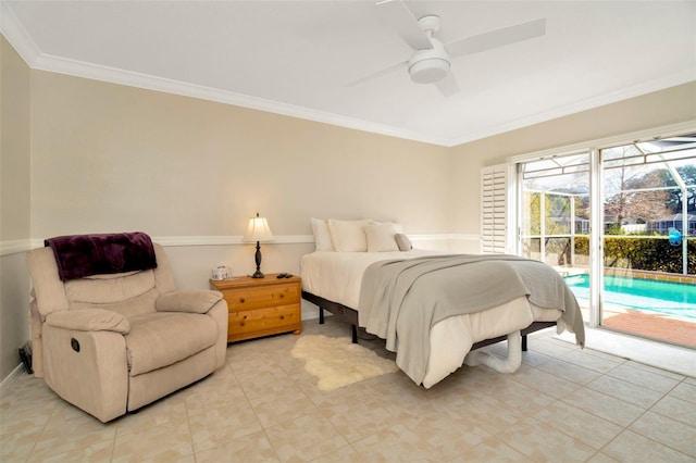 tiled bedroom with access to outside, ornamental molding, and ceiling fan