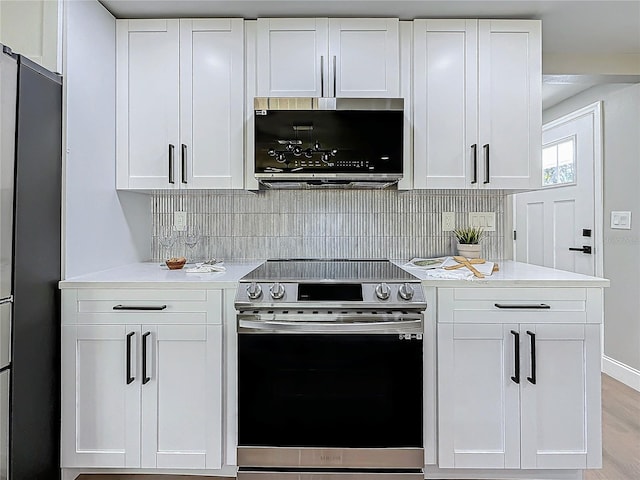 kitchen with white cabinetry, appliances with stainless steel finishes, and decorative backsplash