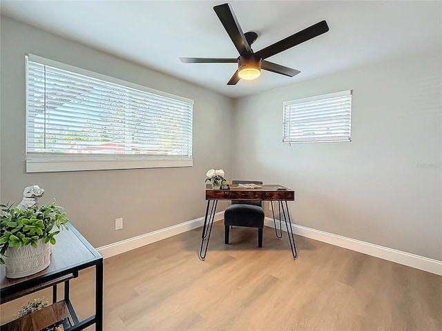 office featuring ceiling fan and light wood-type flooring