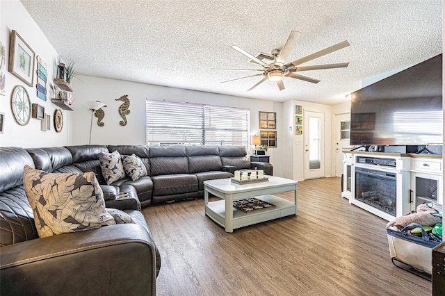 living room featuring hardwood / wood-style floors, a textured ceiling, and ceiling fan