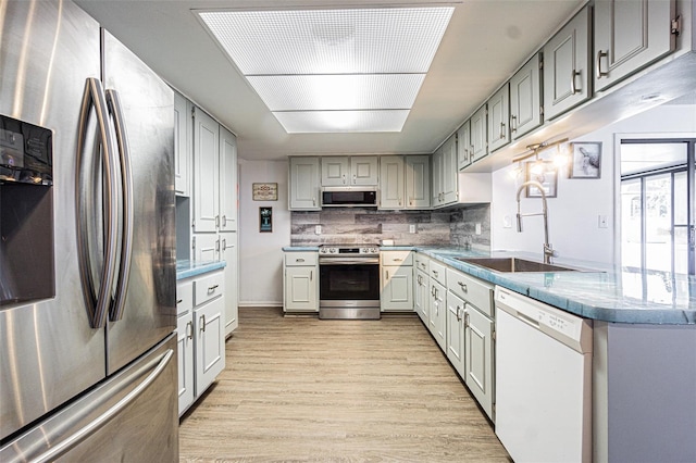 kitchen with sink, light hardwood / wood-style flooring, gray cabinetry, stainless steel appliances, and decorative backsplash