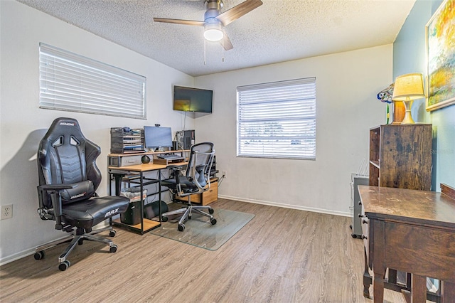 office space with ceiling fan, light hardwood / wood-style flooring, and a textured ceiling