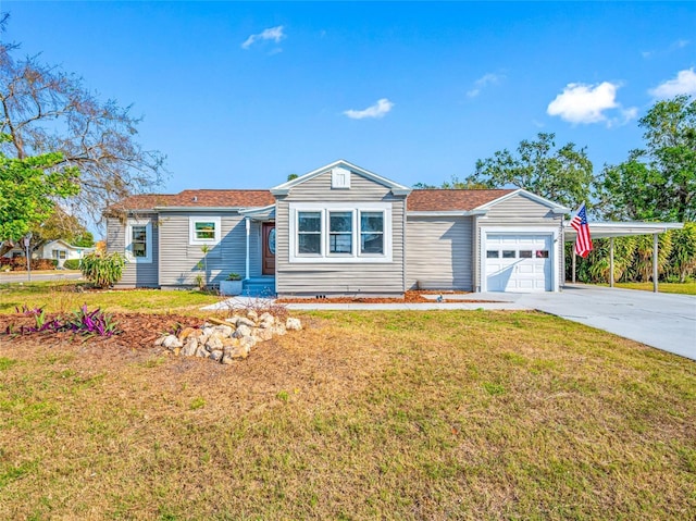 ranch-style house with a carport, a garage, and a front lawn