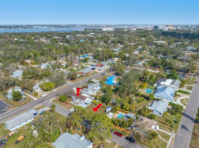 aerial view featuring a water view